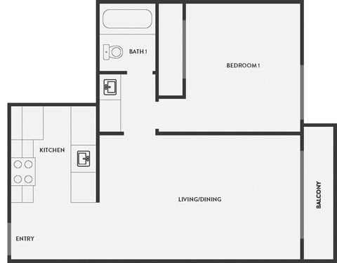 Floor plan for 1 bed, 1 bath, 567 sqft